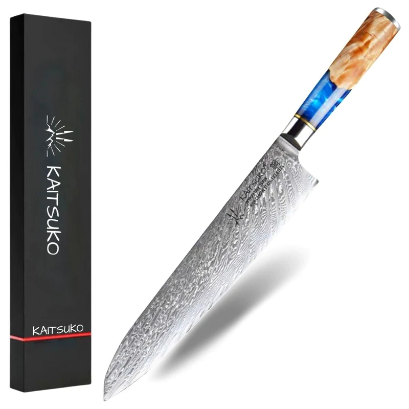 Large kitchen knife for meat and fish in Damascus steel