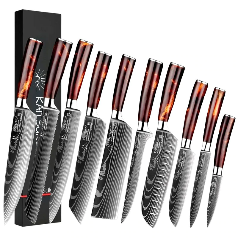 set of damascus steel japanese kitchen knives