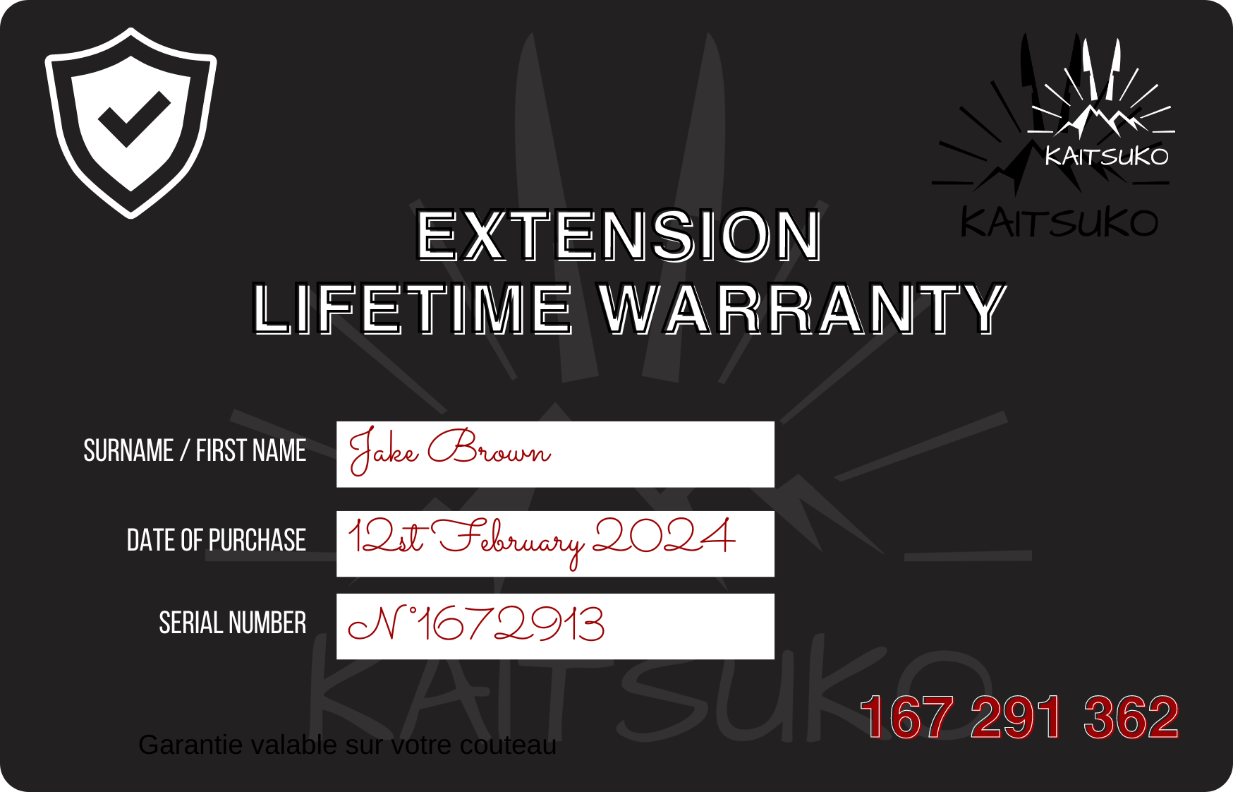 Lifetime warranty Kaitsuko knives