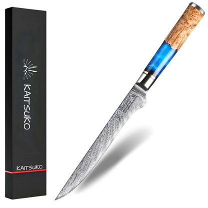 Blue and yellow knife for removing meat from bones