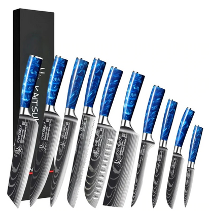 Complete set of blue damascus steel kitchen knives