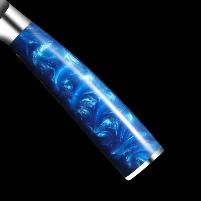 Damascus knife with ocean blue resin handle