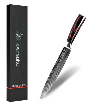 Meat kitchen knife with damask blade
