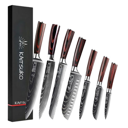 Set of brown damascus steel kitchen knives